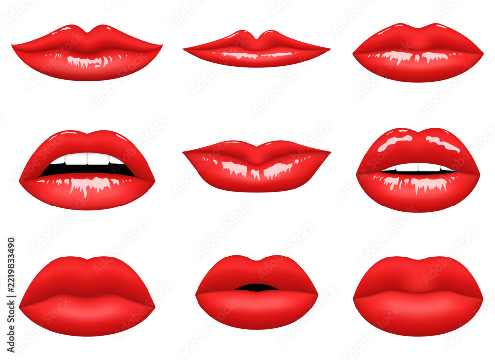 Fototapeta premium Set of Red Lips and Mouth Expressions Vector Illustrations