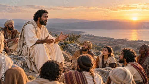 Spiritual Teacher Addressing Attentive Followers on a Mountaintop at Sunrise