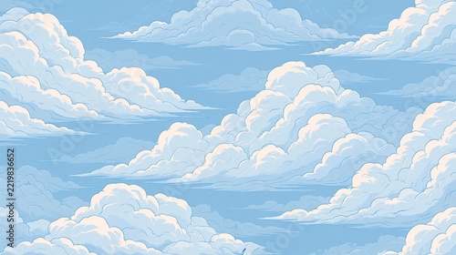 Digital illustration of a sky filled with fluffy white clouds. the clouds are arranged in a scattered pattern, with some overlapping each other.