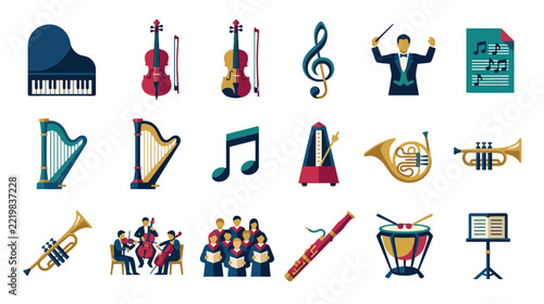 Orchestra Instruments and Music Icons Set: Piano, Violin, Harp, Trumpet, Conductor