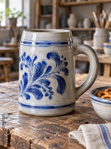 Handmade Gray Stoneware Mug with Cobalt Blue Floral Ornament on Wood