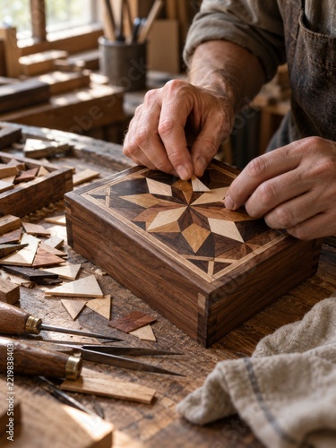 Artisan hands arranging geometric wooden inlay on a small handmade box