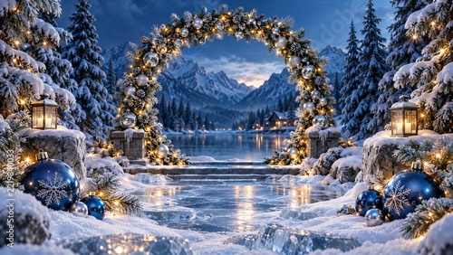 Festive winter scene with decorated Christmas arch and mountain view