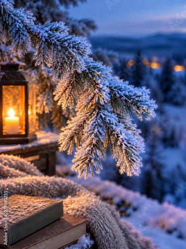 Hoarfrost on Evergreen Needles Beside a Glowing Lantern at Blue Dusk