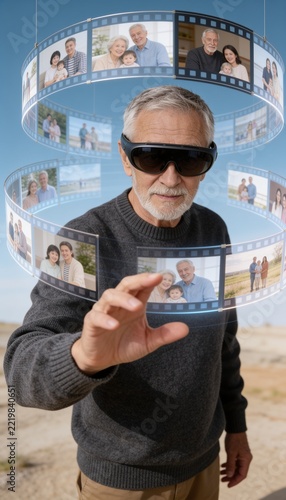 Elderly man browsing holographic family photos with smart glasses