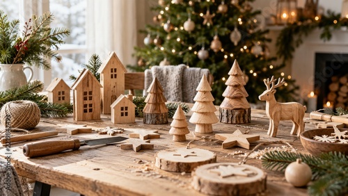 Wooden festive trees houses and a reindeer beside unfinished holiday ornaments
