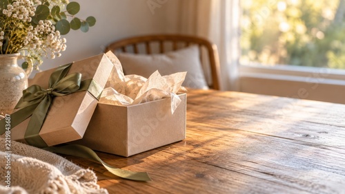 Open Kraft Gift Box with Olive Ribbon and Tissue in Warm Afternoon Light