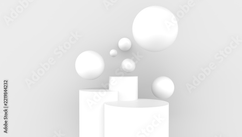 Abstract White Cylinder Podiums with Floating Geometric Spheres for Product Display