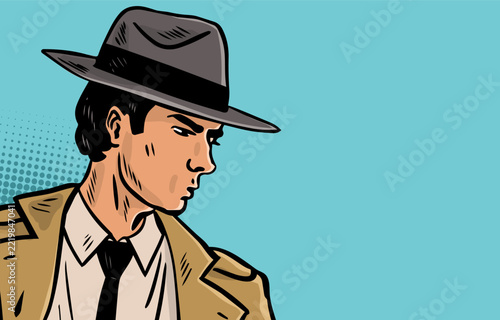 Detective Man with Flashlight in Trench Coat Pop Art Style