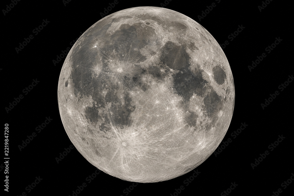 Fototapeta premium Detailed Full Moon with Craters Isolated Against Black Space