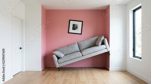 Modern Grey Sofa Tilted and Wedged into a Pink Alcove in a Minimalist Living Room Interior Design Concept