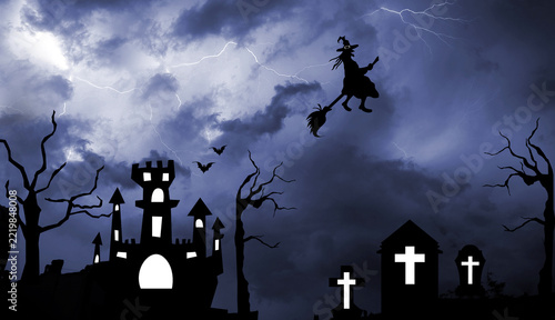 Halloween Spooky Background with Haunted Castle and Flying Witch and Graveyard