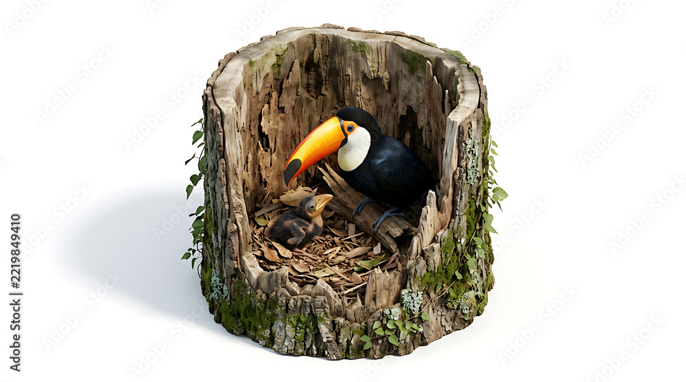 Fototapeta premium Toucan bird sitting near chick in tree hollow nest with mossy bark for wildlife illustrations and natural education.