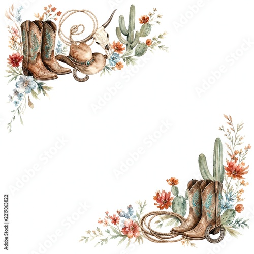 Watercolor Western Corner Borders Of Cowboy Boots And Wildflowers