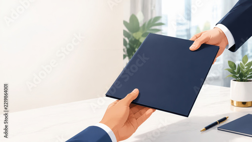Business agreement closure deal illustration with two professionals exchanging folder in bright office setting