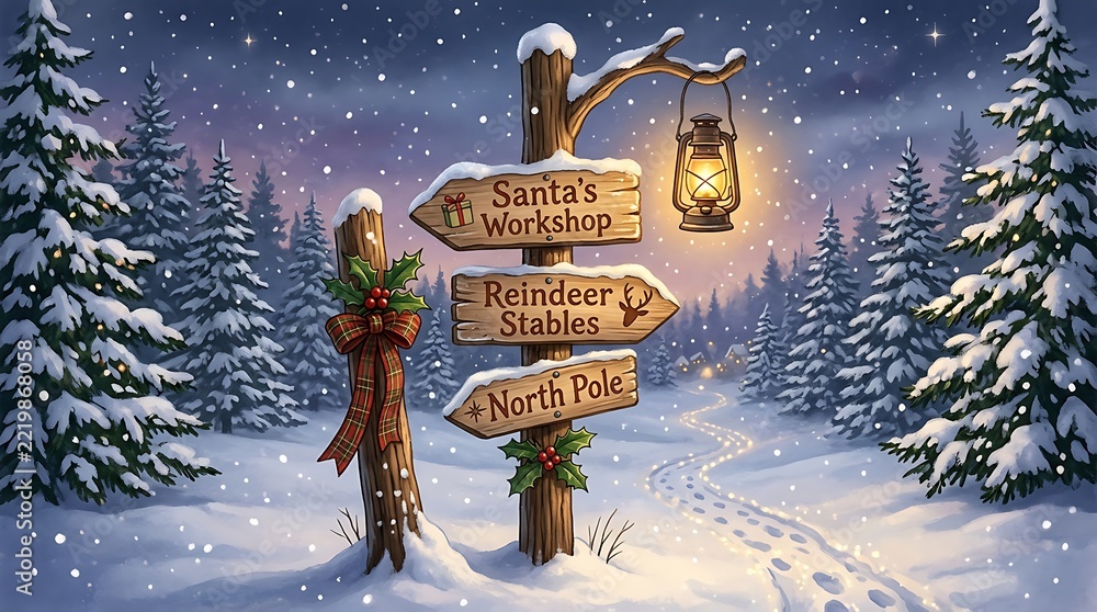 Fototapeta premium Wooden signpost pointing to santa workshop in snowy winter forest at