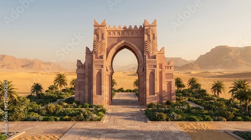 Arabic archway framing a beautiful sunrise over Liwa desert dunes