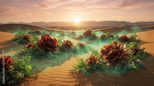 Fantasy desert dunes with desert rose stones and mysterious green vapor
