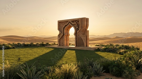Arabic archway framing a beautiful sunrise over Liwa desert dunes