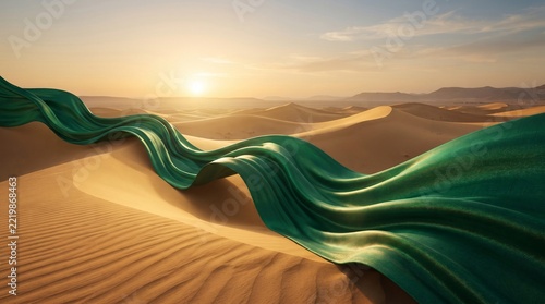 Abstract Green Silk Ribbon Winding Through Golden Desert Landscape