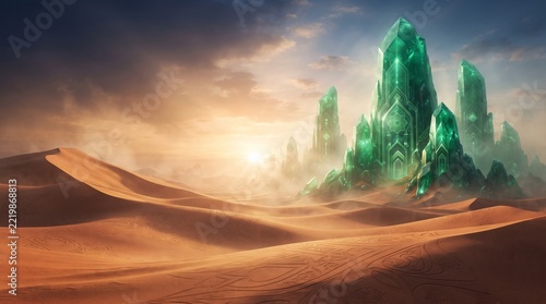 Futuristic Saudi National Day Concept Art Emerald Crystals in Sand Dunes