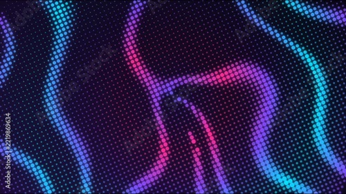 Abstract digital background with colorful blue and purple flowing wavy lines made of halftone dots