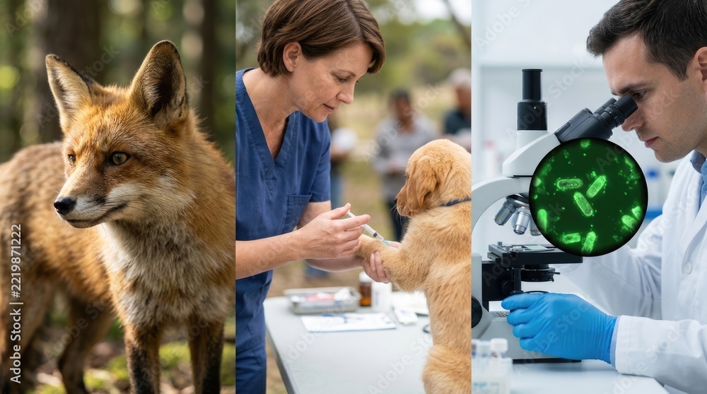 Fototapeta premium Infectious disease strategy: wild animal, rabies vaccinate, canine protect, virus analyze, rhabdovirus research, microscope observe, medical control.