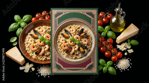 Seafood risotto with shrimp and mussels in vintage frame for