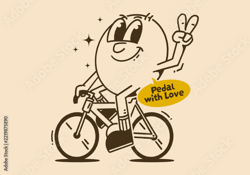 Vintage retro bicycle mascot character making peace sign and saying pedal with love