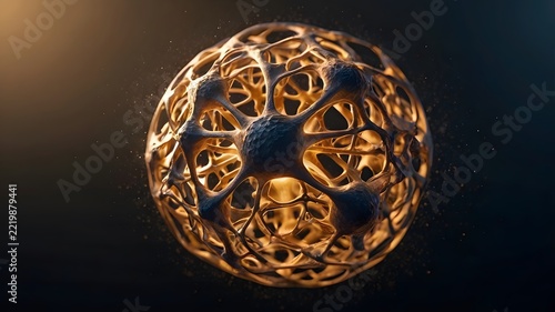 Complex golden 3D spherical geometric lattice ball glowing with warm light against a dark dramatic background designed with sharp details, dynamic lighting composition, clean visual aesthetics