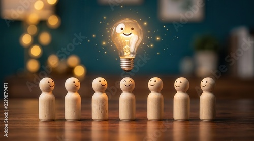 A glowing, happy light bulb above smiling wooden figures as they gaze up.