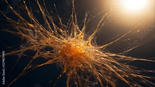 Abstract macro representation of glowing golden neural network fibers spreading outward against a dark background designed with sharp details, dynamic lighting composition, clean visual
