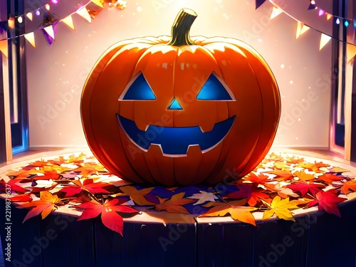 Large glowing carved Halloween jack-o-lantern pumpkin placed on a table surrounded by colorful fallen autumn maple leaves