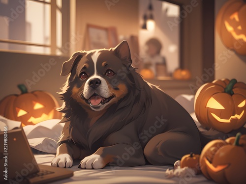 Dog lying on carpet near carved glowing Halloween jack-o-lantern pumpkins in a cozy sunlit room home interior presented in a clean high quality composition with pleasant visual balance, warm