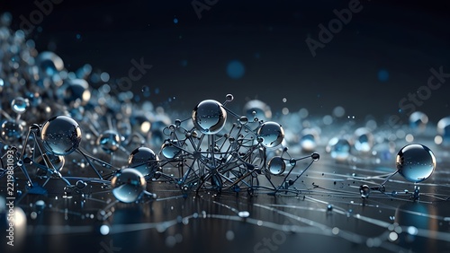 Abstract 3D macro render of clear glass water droplets and interconnected bubble network nodes on a reflective dark surface