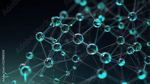 Digital network mesh structure composed of glowing teal glass sphere nodes interconnected by fine grid lines against dark background