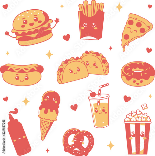 Fast food vector illustration set featuring cute cartoon snacks