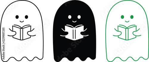 Ghost vector graphic set featuring smiling spirits reading small