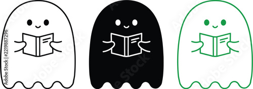 Ghost drawing outline cute spirit characters reading books