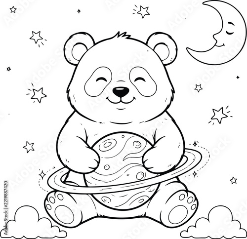 Panda coloring page illustration of a space bear with planet satur