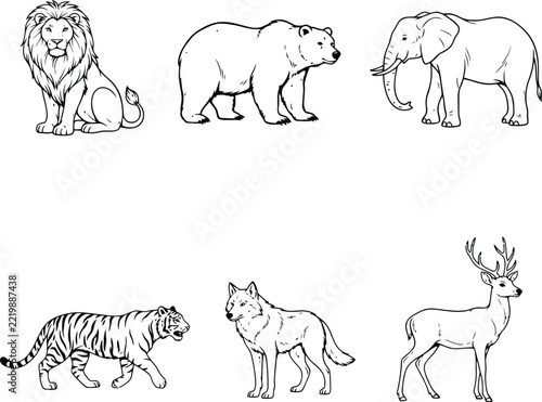 Animals coloring page illustration set of wild creatures
