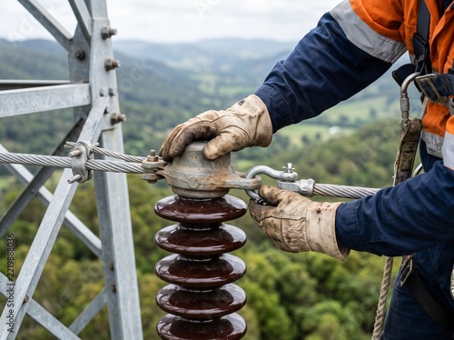 Electrician securing cable on high voltage insulator during power