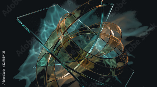 Abstract Glass Rings and Geometric Shapes with Refraction, 3D Rendered Composition on Dark Background