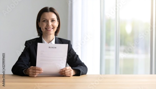 Smiling woman holding resume at job interview