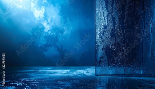 Blue light reflecting on wet glass and water droplets