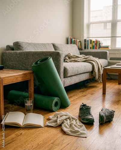 Rolled green yoga mats, sneakers, towel, glass of water and open book on wooden floor