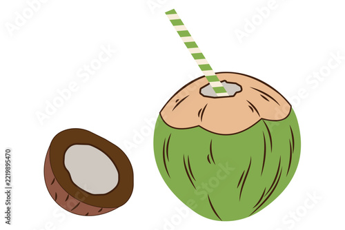 Coconut Drink Icon vector silhouette Sticker, Coconut Whole and Half Line Art Illustration.