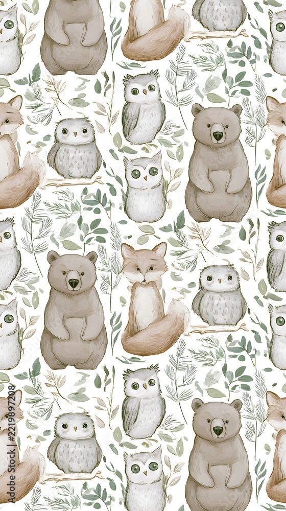 Fototapeta premium Hand drawn woodland animals pattern with fox bear and owl