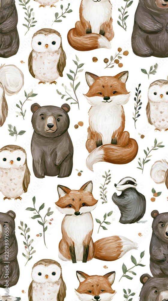 Fototapeta premium Hand drawn woodland animals pattern with fox bear and owl