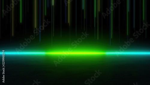 Abstract Neon Green and Blue Light Streaks on Dark Background.
